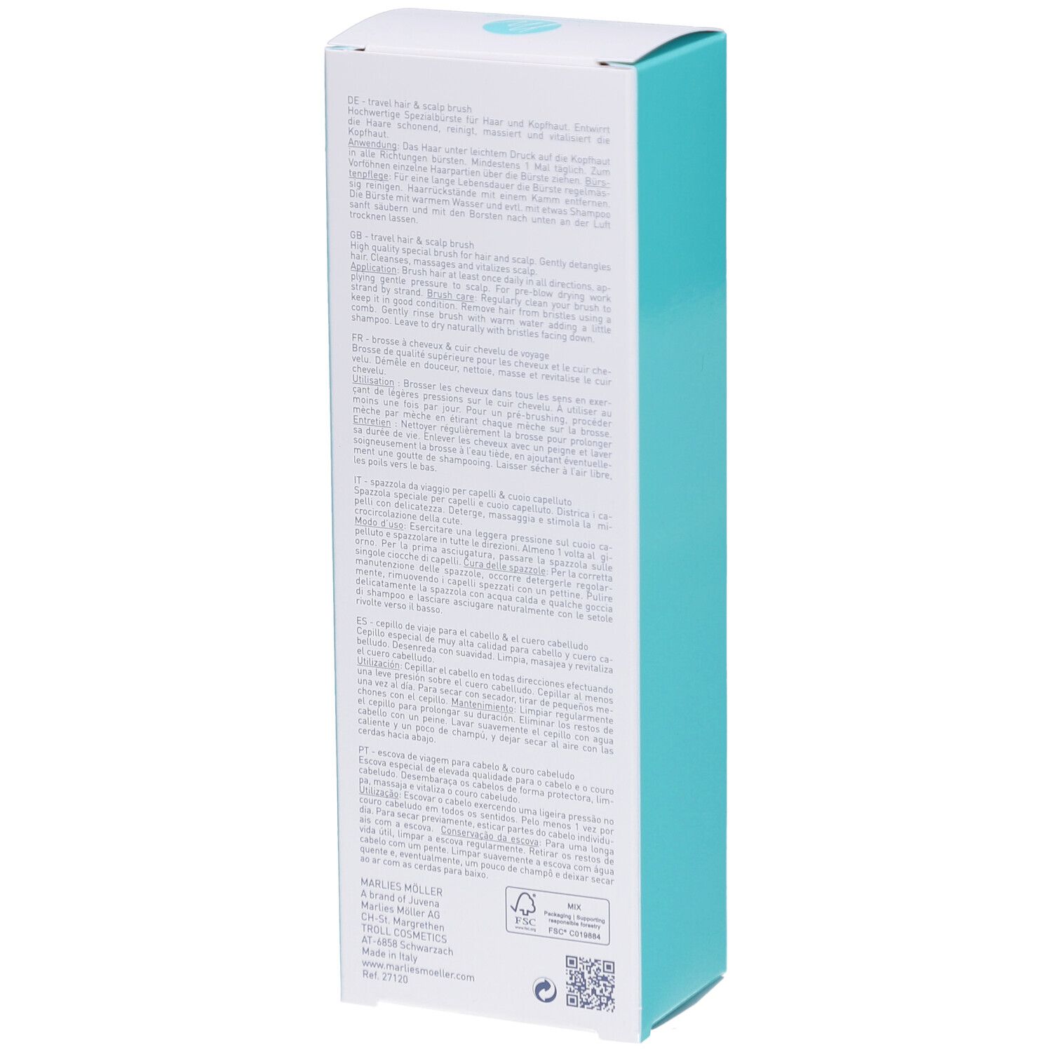 Produktverpackung. Marlies Möller Travel Hair & Scalp Brush. Text auf der Box. Rückansicht.