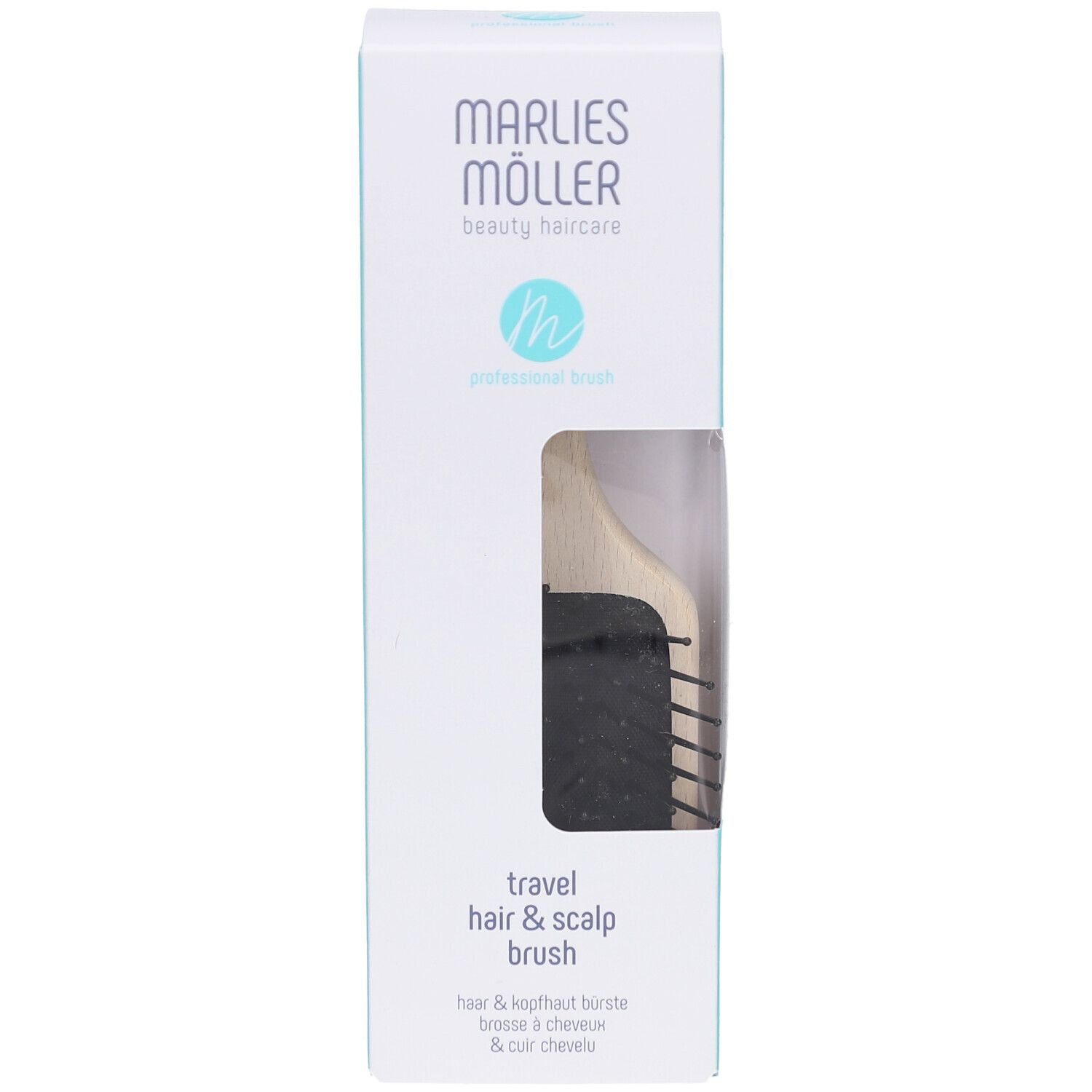 Produktverpackung. Marlies Möller Travel Hair & Scalp Brush. Bürste durch Fenster sichtbar.
