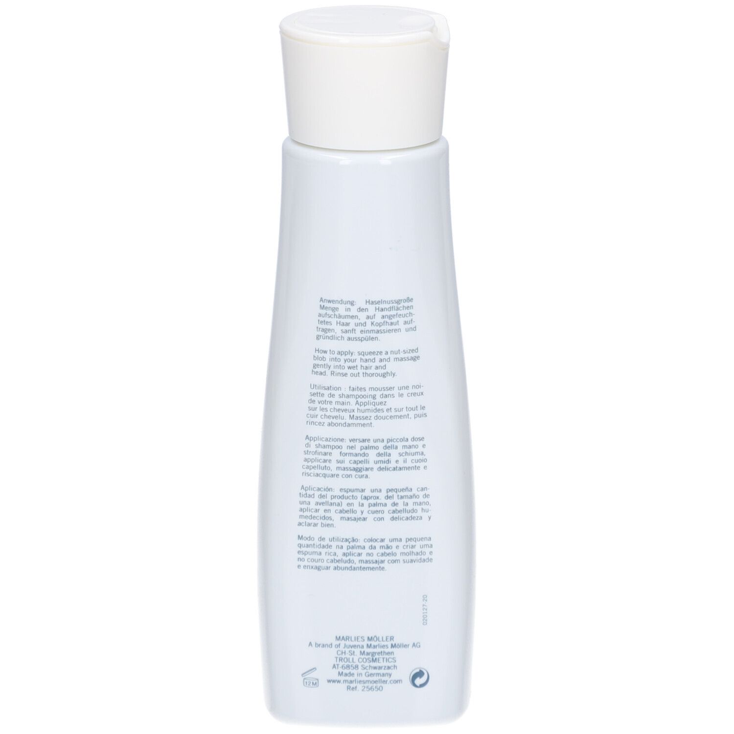 Rückseite einer weißen Shampoo-Flasche. Text: Anwendung, Inhaltsstoffe, Herstellerinformationen. 200ml/6.8FL.OZ.