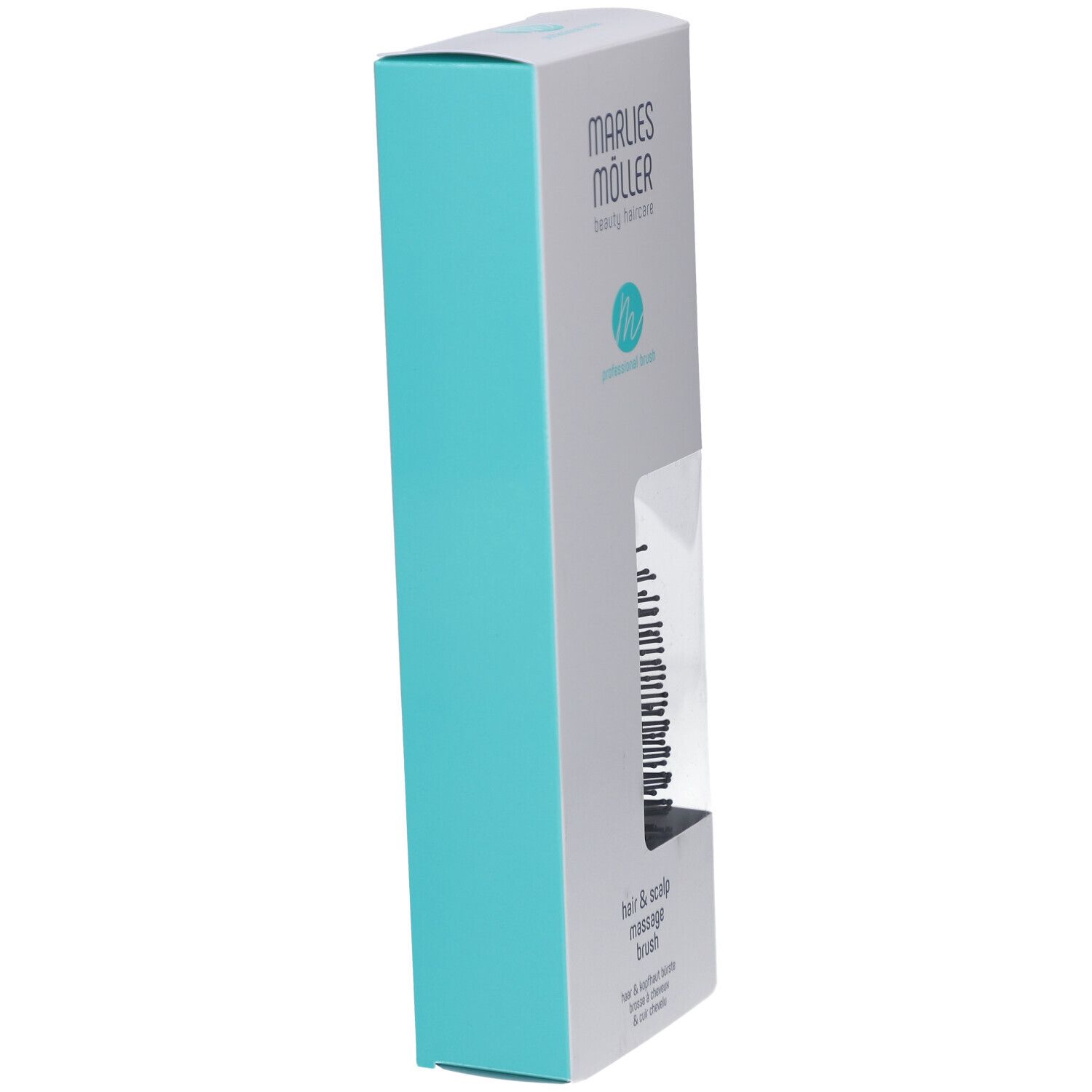 Produktverpackung, weiß mit türkisfarbenen Akzenten. Sichtfenster, Text.