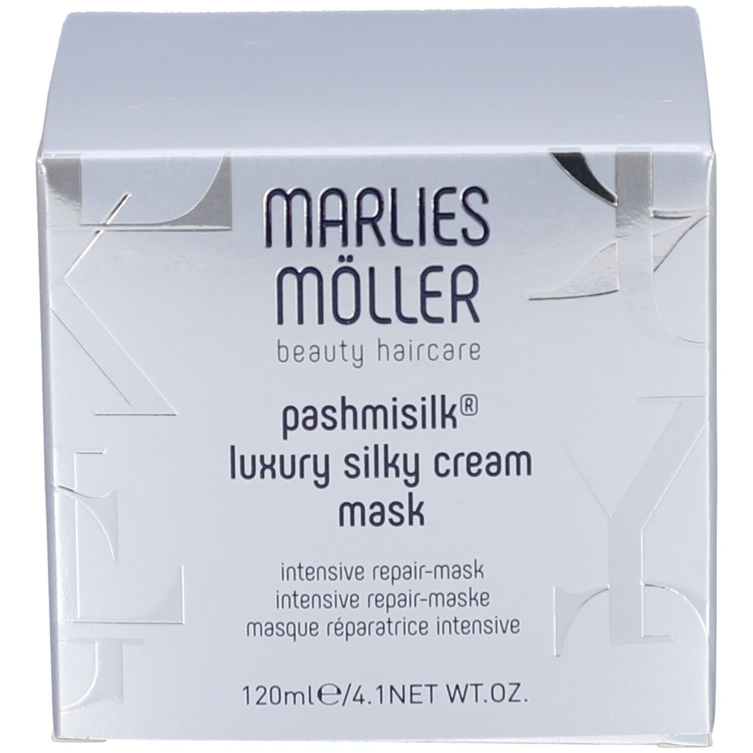 Produktverpackung. Aufschrift: Marlies Möller, pashmisilk luxury silky cream mask. Mehrsprachige Texte. 120ml.