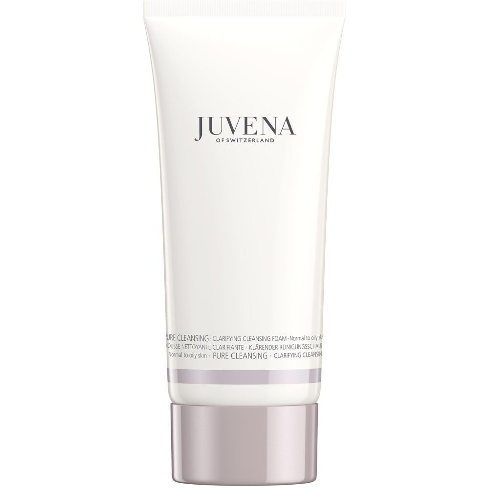 Weiße Tube mit Produkt. Aufschrift: JUVENA OF SWITZERLAND. Text: Clarifying Cleansing Foam.