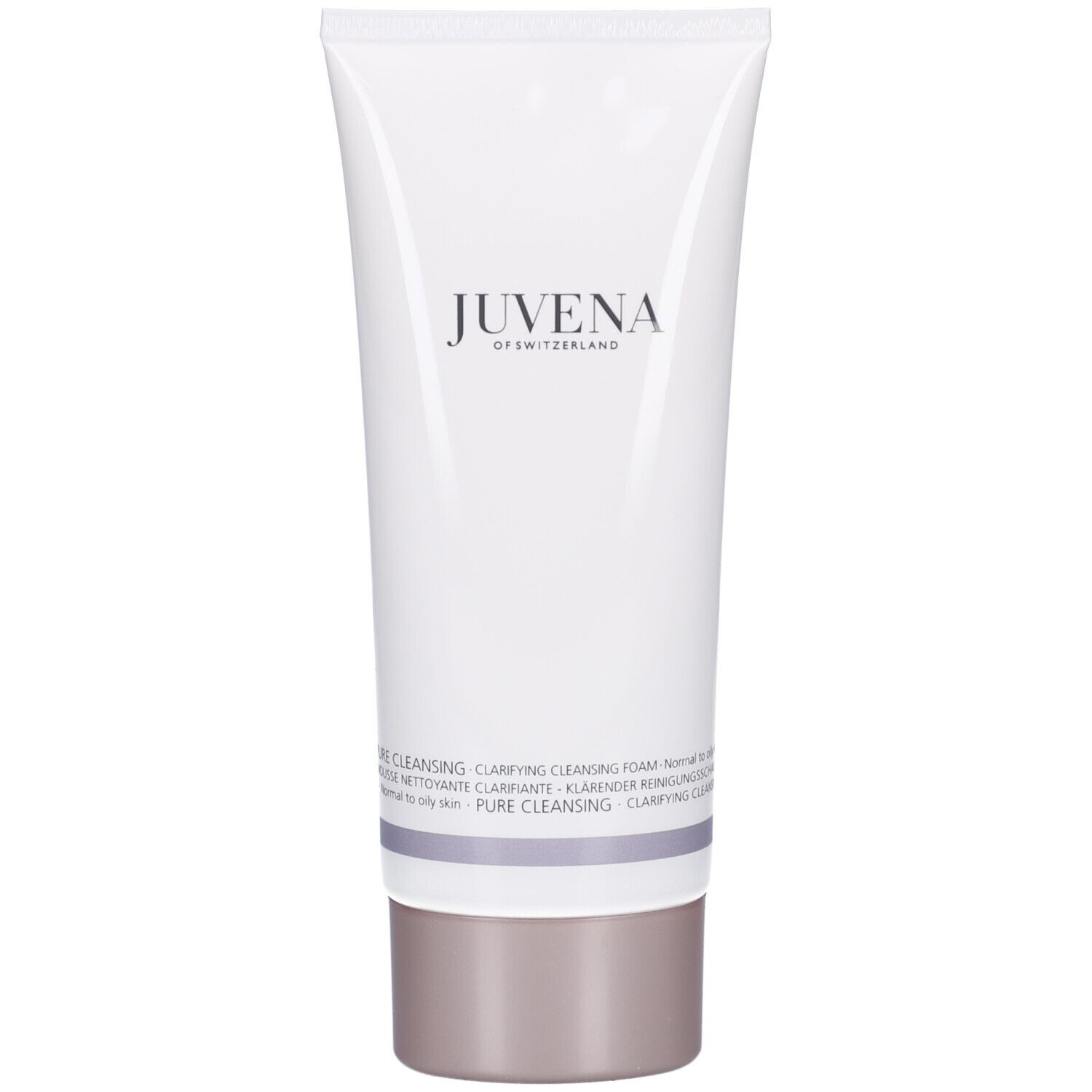 Weiße Tube mit Produkt. Aufschrift: JUVENA OF SWITZERLAND. Text: Clarifying Cleansing Foam.