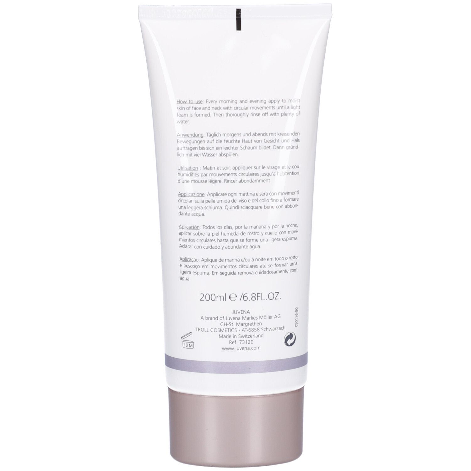 Rückseite der Tube. Text in mehreren Sprachen. Aufschrift: JUVENA. 200ml/6.8FL.OZ.