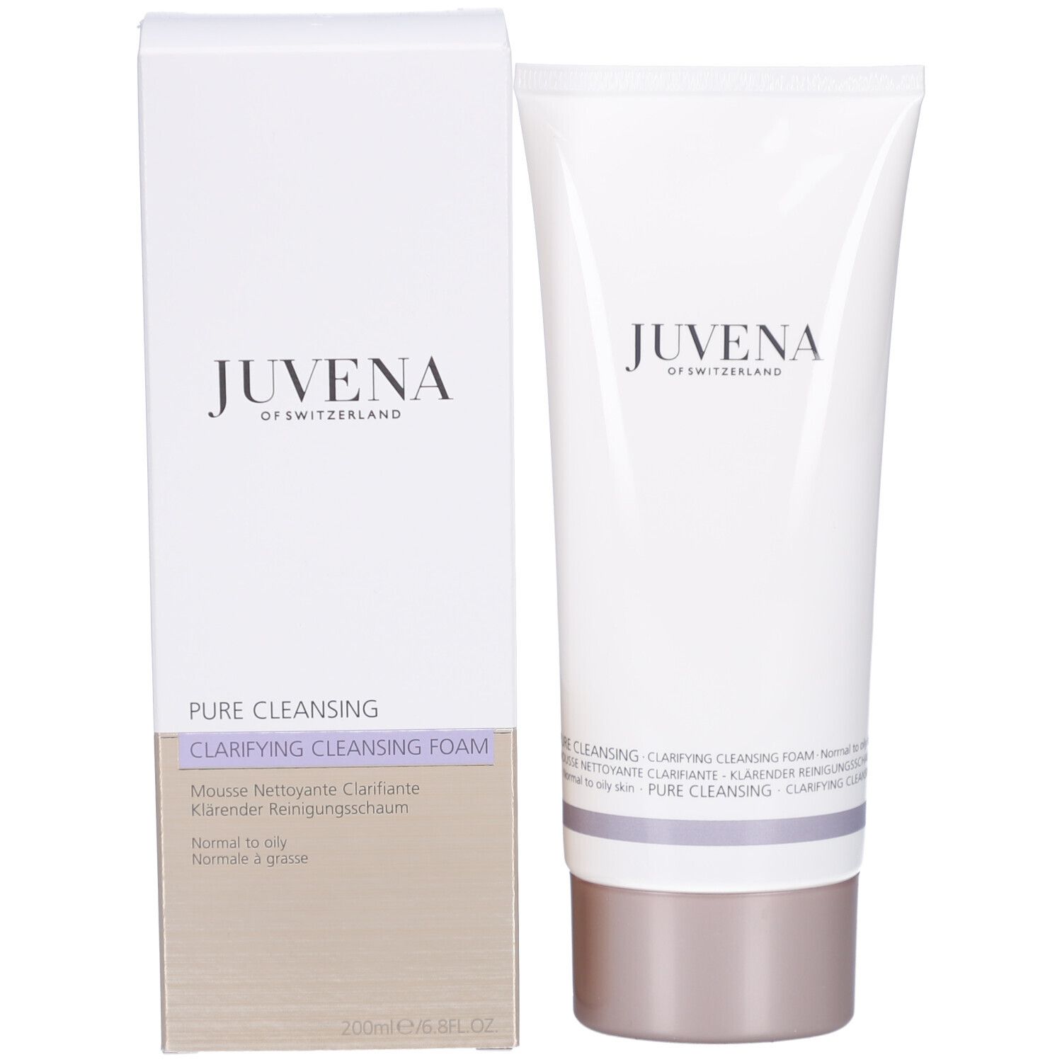 Produkt und Verpackung. Aufschrift: JUVENA. Text: Clarifying Cleansing Foam. 200ml/6.8FL.OZ.