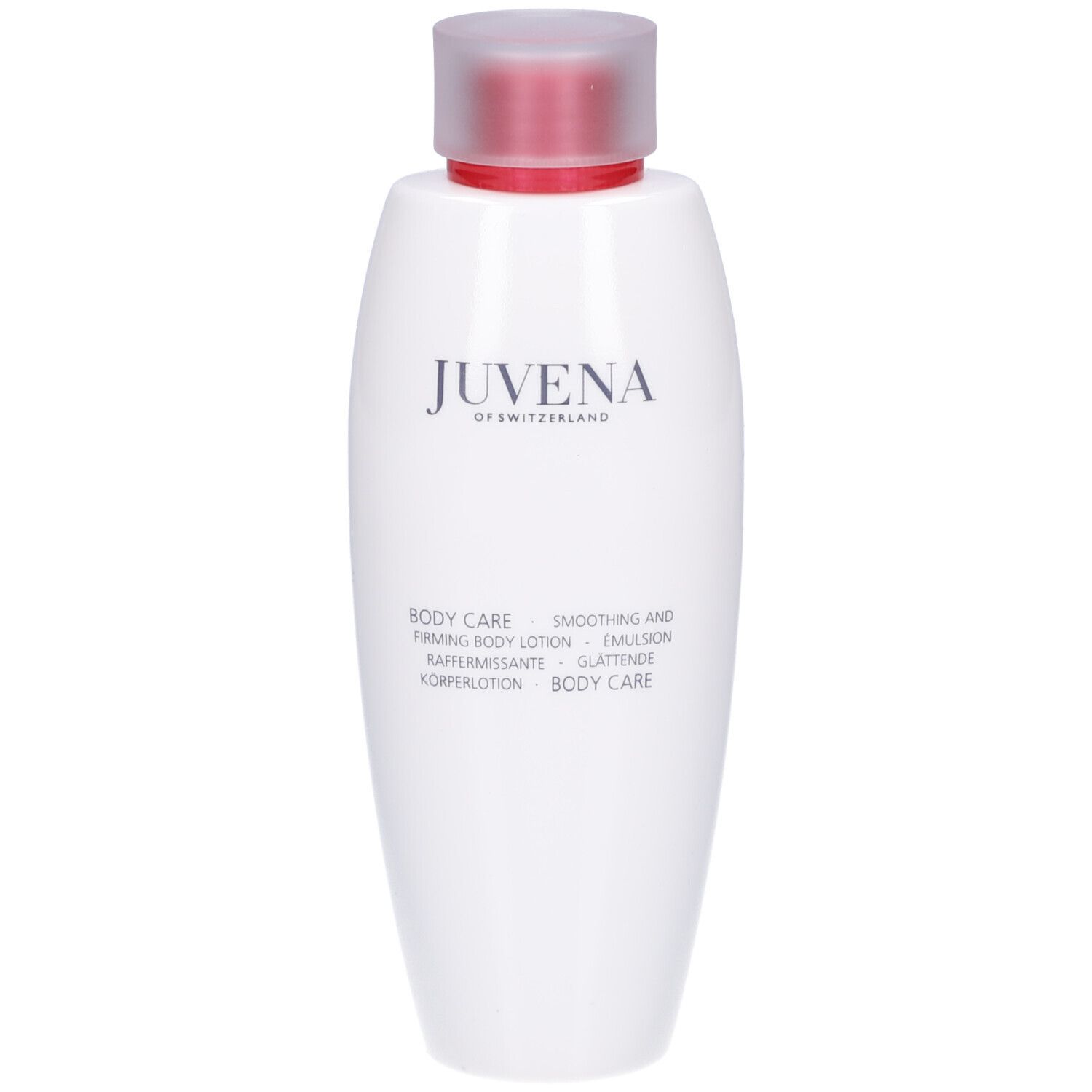 Weiße Flasche mit rotem Deckel. Aufschrift: Juvena of Switzerland, Body Care, Smoothing & Firming Body Lotion.