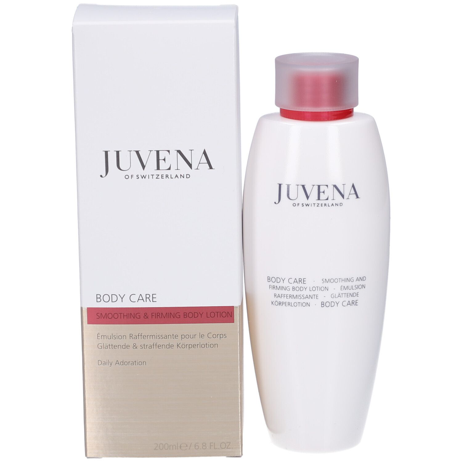 Produktflasche und Verpackung. Aufschrift: Juvena of Switzerland, Body Care, Smoothing & Firming Body Lotion.