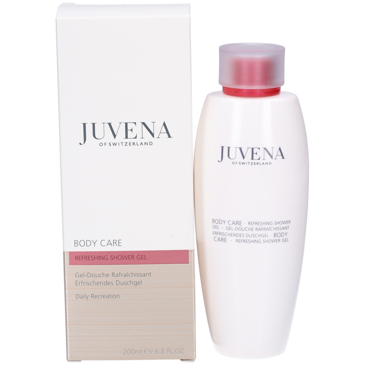 Weißer Karton und Flasche. Aufschrift: Juvena, Body Care, Refreshing Shower Gel, 200ml.