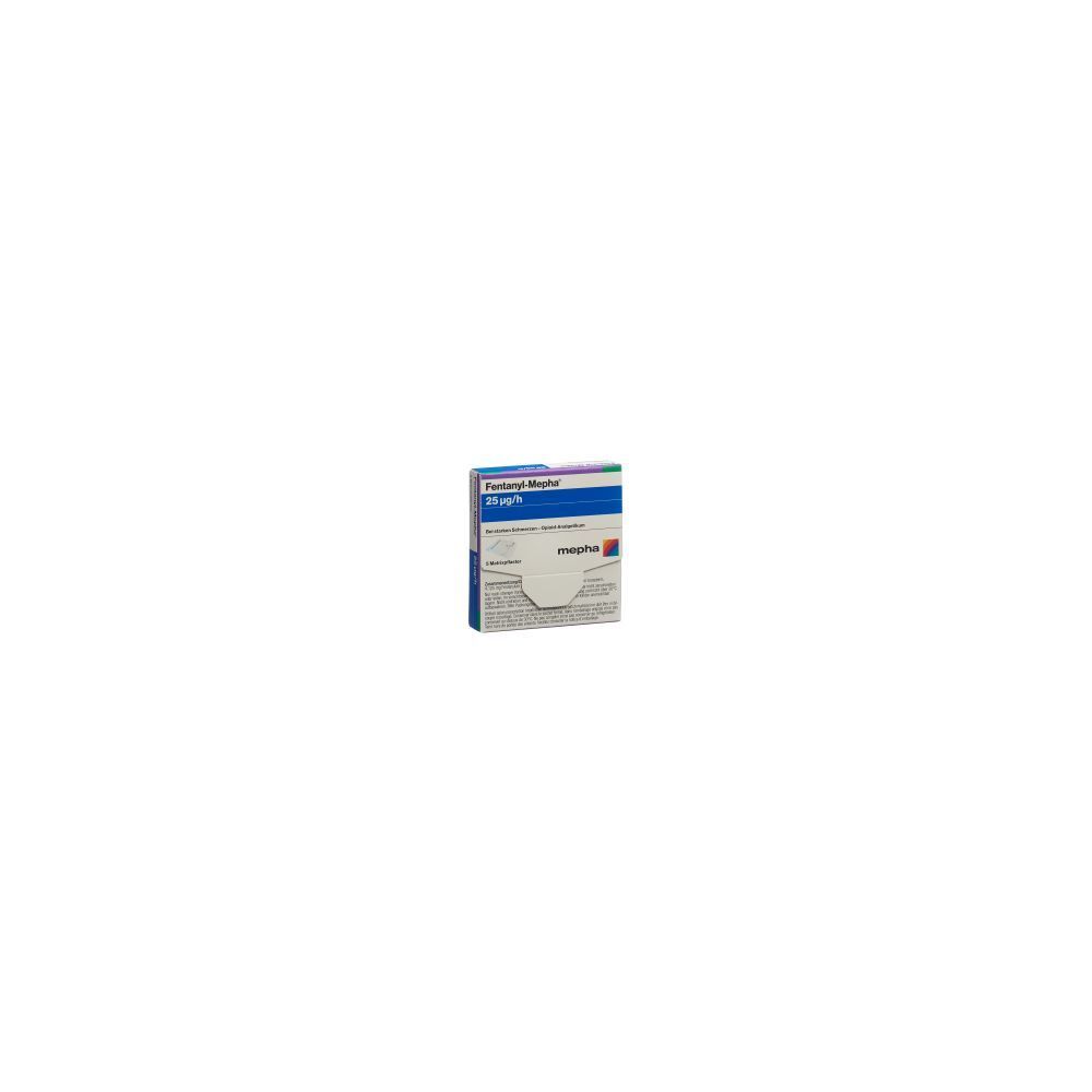 Karton Fentanyl Mepha Matrixpfl 25 mcg/h. Blaue, weiße und graue Verpackung. Schriftzug: mepha, 5 Stk.