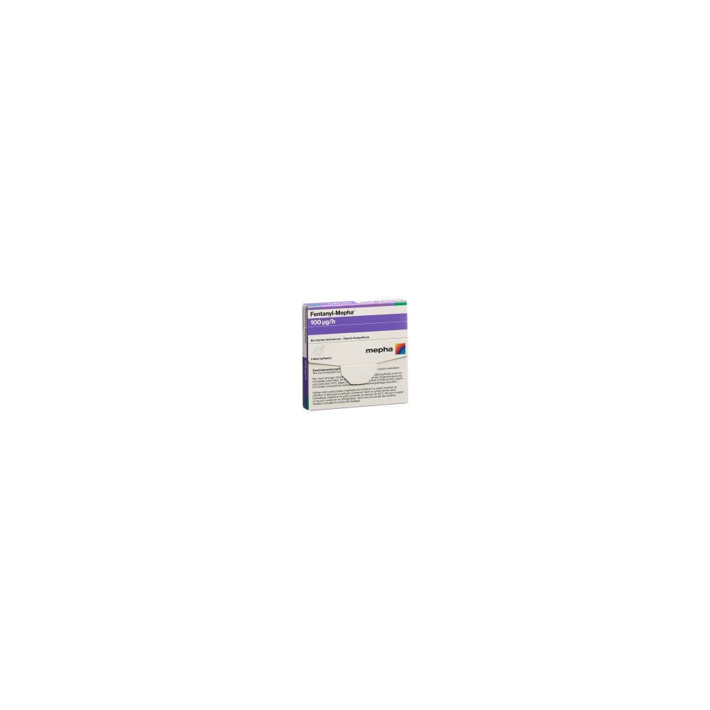 Verpackung von Fentanyl Mepha Matrixpfl. 100 mcg/h, 5 Stück. Rechteckige Schachtel mit lila, weißem und grünem Design. Text und Logo sichtbar.