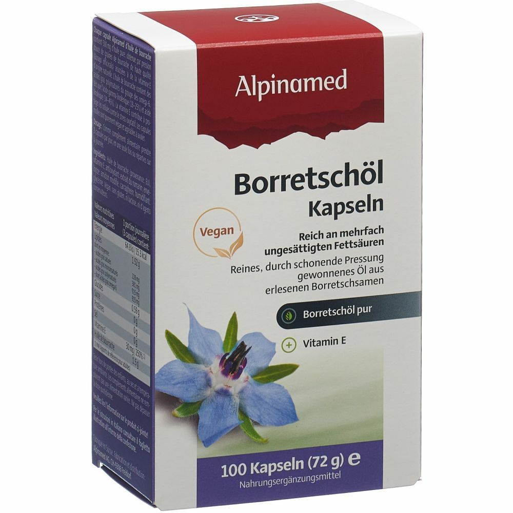 Weiß-rot Schachtel mit Kapseln. Aufschrift: Borretschöl Kapseln, Vegan, 100 Kapseln, 72g.