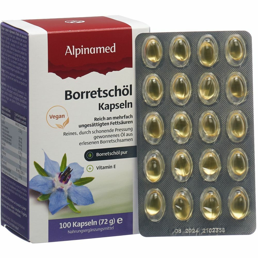 Schachtel und Blister mit Kapseln. Aufschrift: Borretschöl Kapseln, Vegan, 100 Kapseln, 72g. Blister mit Kapseln.