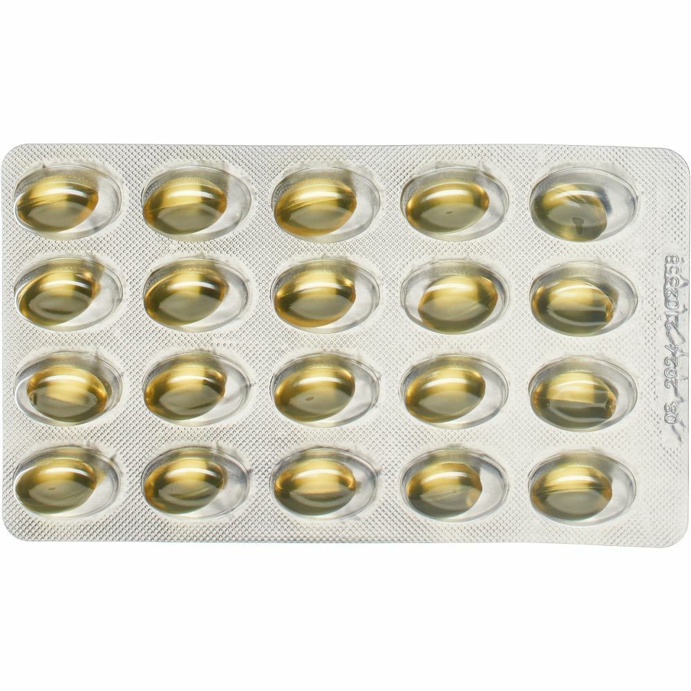Blister mit 15 gelben, ovalen Kapseln. Durchsichtiges Material.