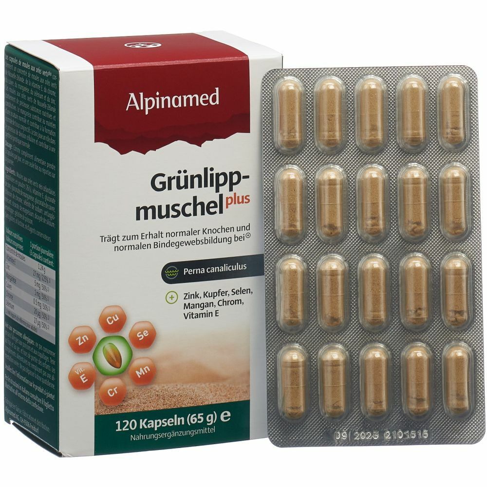 Alpinamed Grünlippmuschel plus. Packung mit Kapseln und Blister. 20 Kapseln in einem Blister. Enthält Zink, Kupfer, Selen, Mangan, Chrom, Vitamin E.