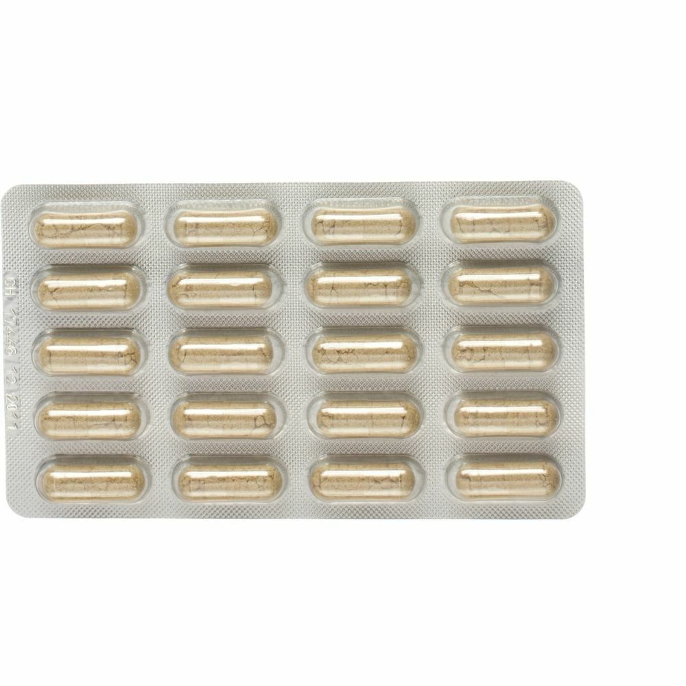 Blisterpackung mit 20 Kapseln. Kapseln sind braun und länglich. Enthält Zink, Kupfer, Selen, Mangan, Chrom, Vitamin E.