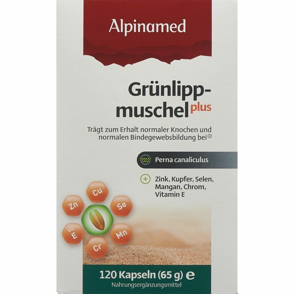 Alpinamed Grünlippmuschel plus. Karton mit 120 Kapseln. Enthält Zink, Kupfer, Selen, Mangan, Chrom, Vitamin E.