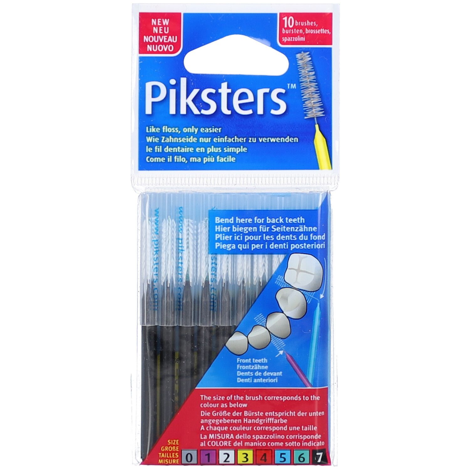 Verpackung mit Piksters Interdentalbürstchen. 10 Stück. Verschiedene Größen, farbcodiert. Text: 'Like floss, only easier'.
