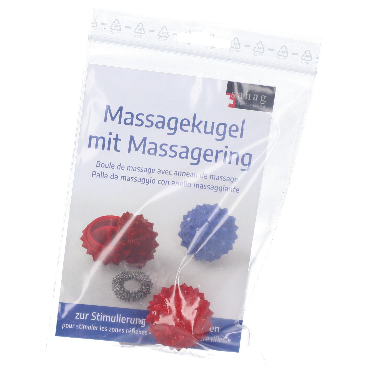 Massagekugeln und Massagering in Plastikverpackung. Rote, blaue Kugeln und ein silberner Ring. Text: Massagekugel mit Massagering.