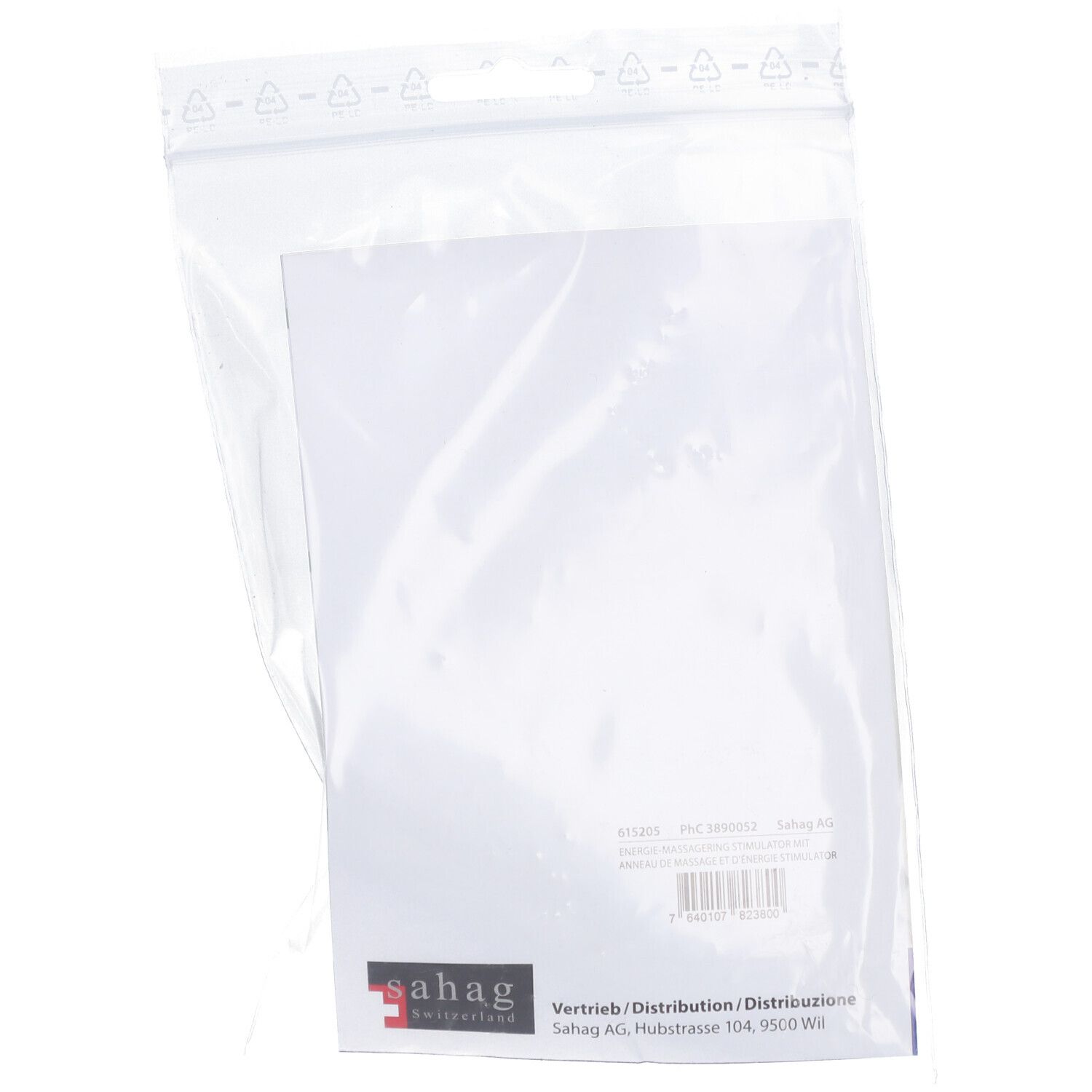 Rückseite der Plastikverpackung. Sahag Logo und Text. Barcode und weitere Informationen.