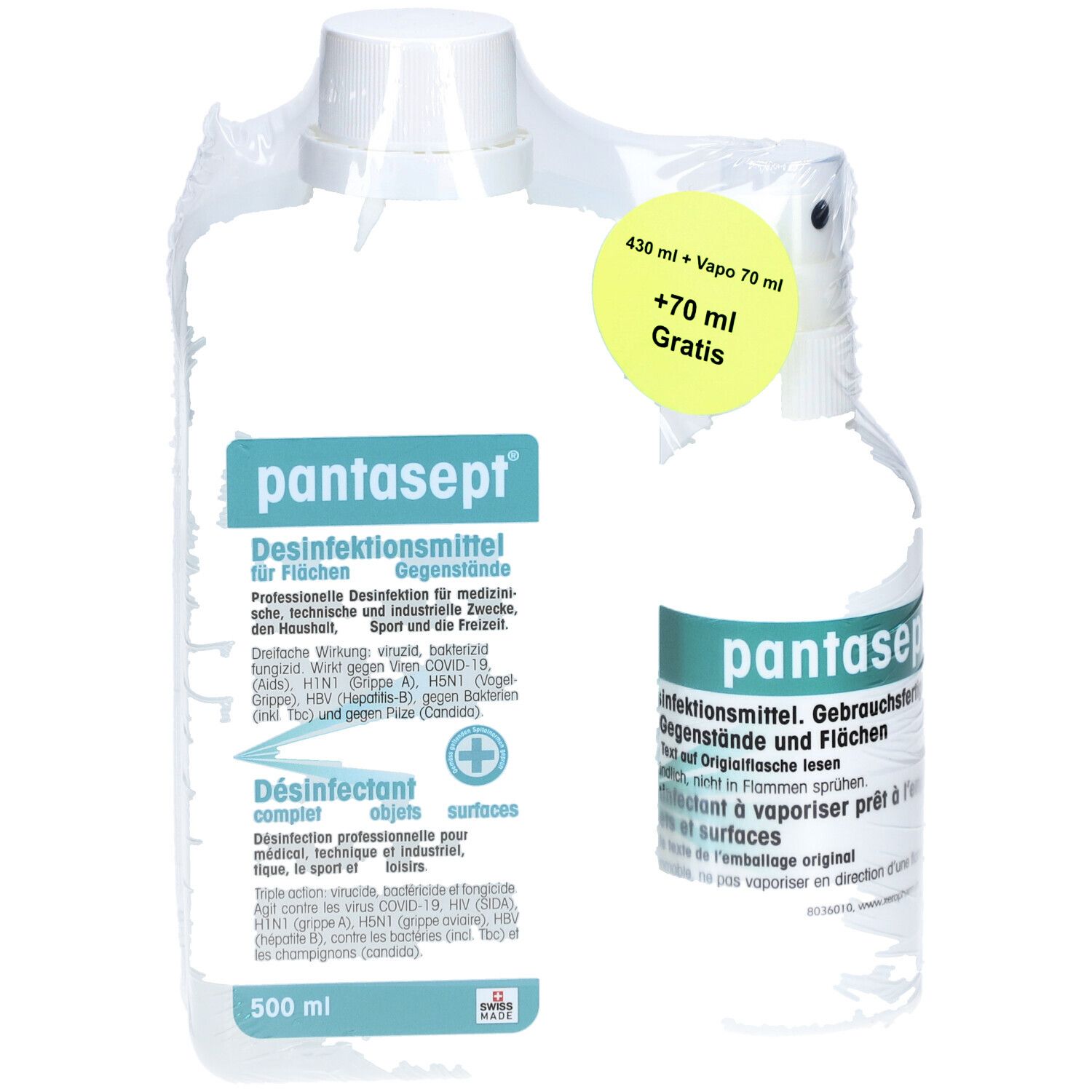 Set aus zwei Flaschen. Große Flasche mit "pantasept" und Text. Kleine Sprühflasche mit "pantasept". Beide in Folie verpackt. Aufkleber mit Text.