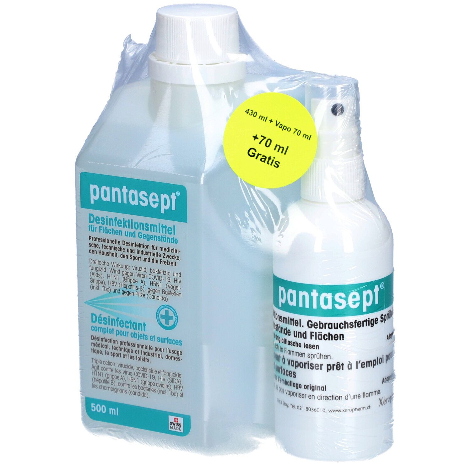 Set aus zwei Flaschen. Große Flasche mit "pantasept" und Text. Kleine Sprühflasche mit "pantasept". Beide in Folie verpackt. Aufkleber mit Text.