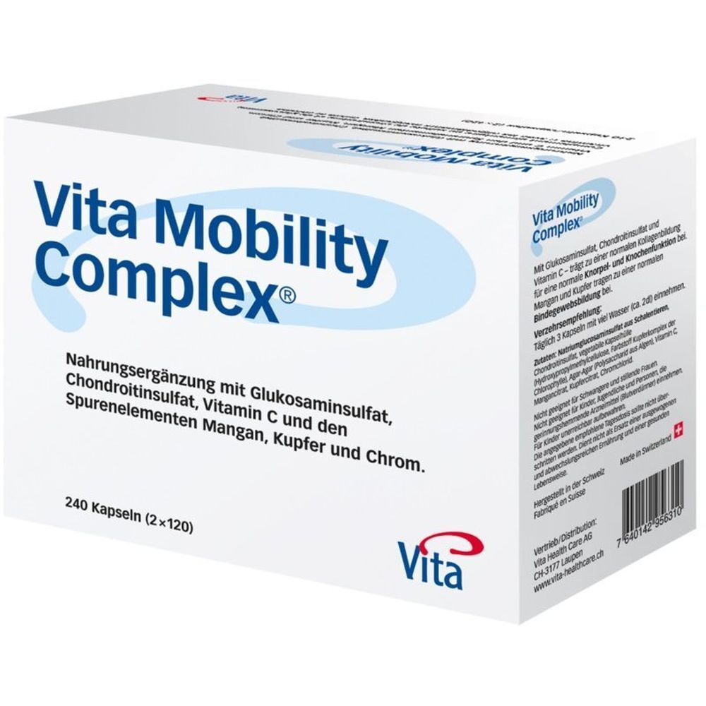 Weiße Schachtel mit "Vita Mobility Complex®"-Logo. Enthält 240 Kapseln. Aufschrift: Nahrungsergänzung mit Glucosaminsulfat, Chondroitinsulfat, Vitamin C.