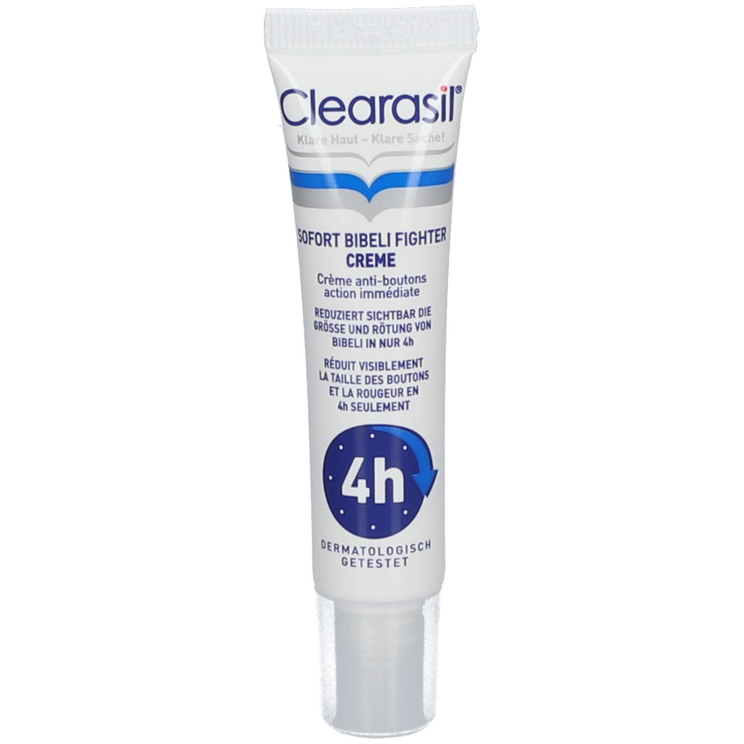 Creme-Tube CLEARASIL®. Aufschrift: Sofort Bibel Fighter Creme. Reduziert sichtbar die Größe und Rötung von Bibeln in nur 4h. Dermatologisch getestet.