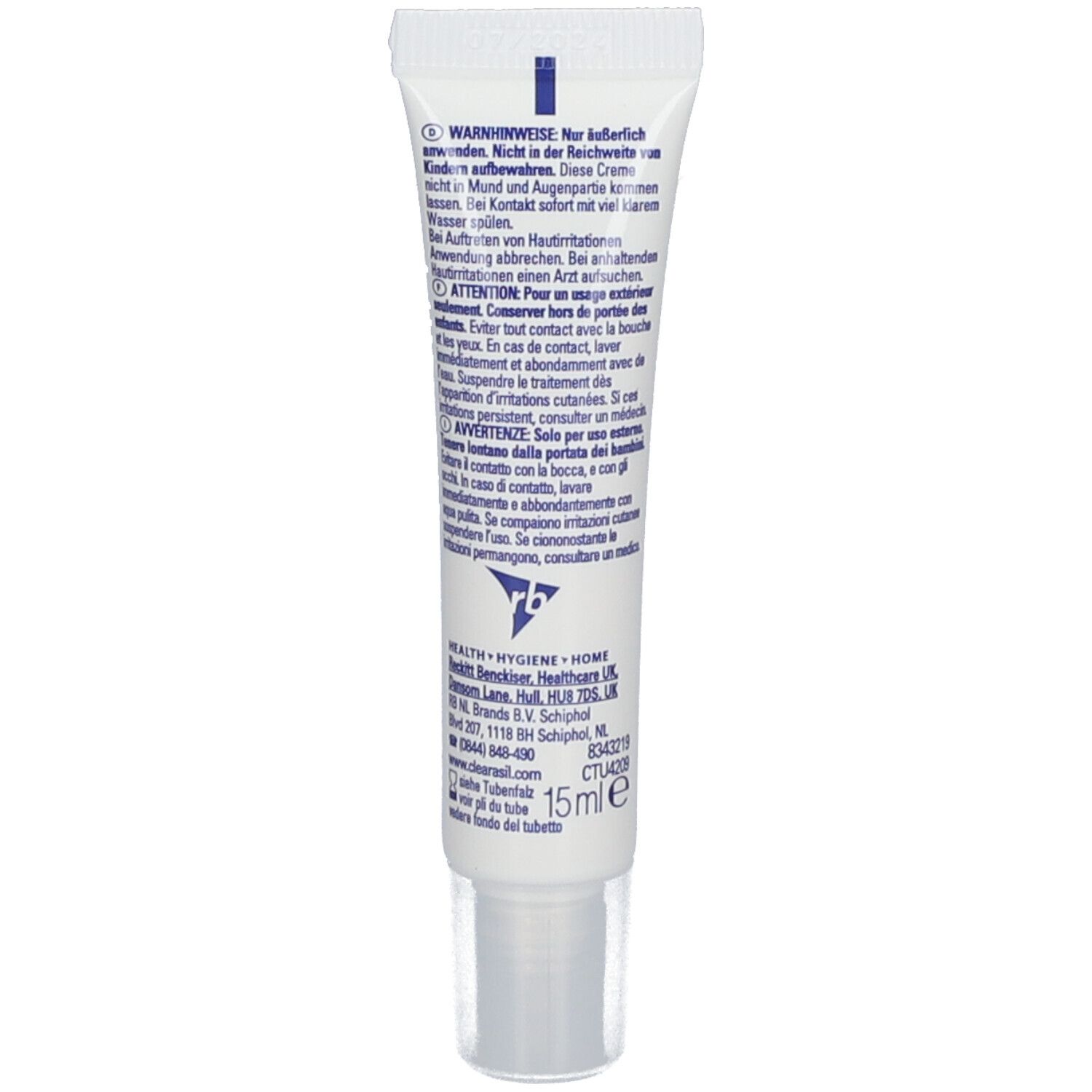 Rückseite der Creme-Tube CLEARASIL®. Enthält Warnhinweise und Inhaltsstoffe. Volumen: 15ml.