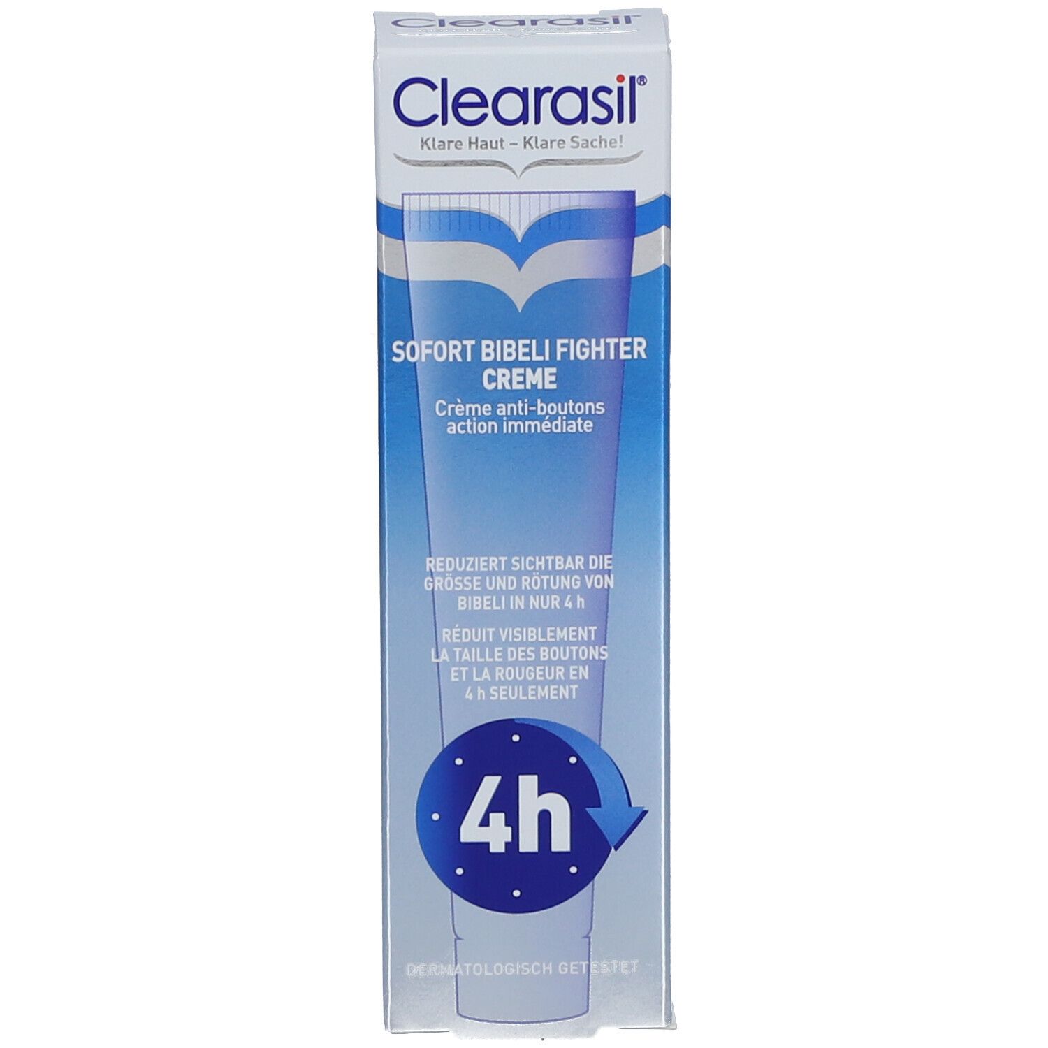 Verpackung von CLEARASIL® Creme. Aufschrift: Sofort Bibel Fighter Creme. Reduziert sichtbar die Größe und Rötung von Bibeln in nur 4h. Dermatologisch getestet.