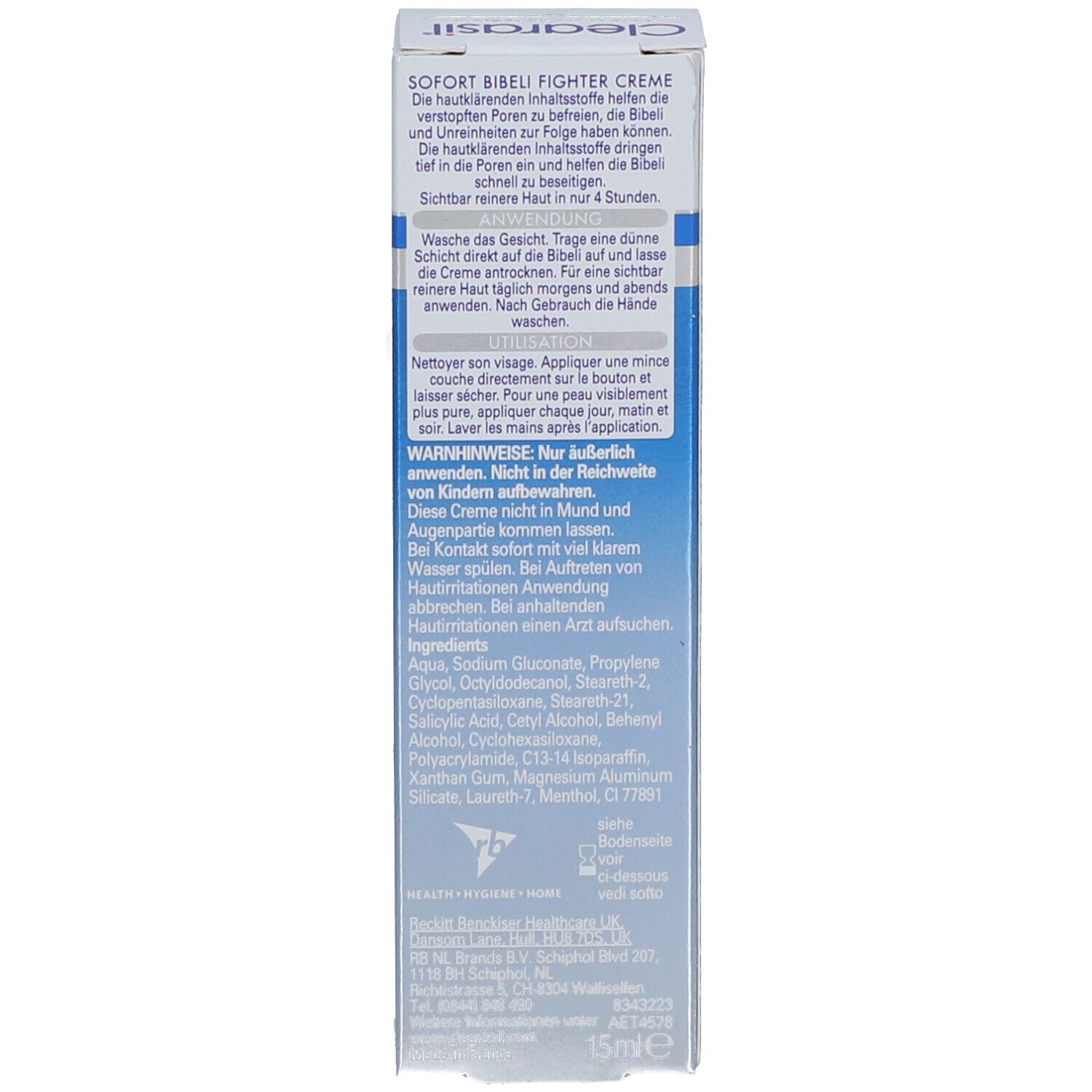 Rückseite der Verpackung von CLEARASIL® Creme. Enthält Anwendungshinweise und Inhaltsstoffe. Volumen: 15ml.