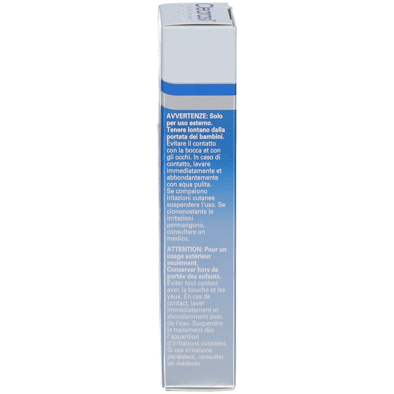 Seite der Verpackung von CLEARASIL® Creme. Enthält Warnhinweise.