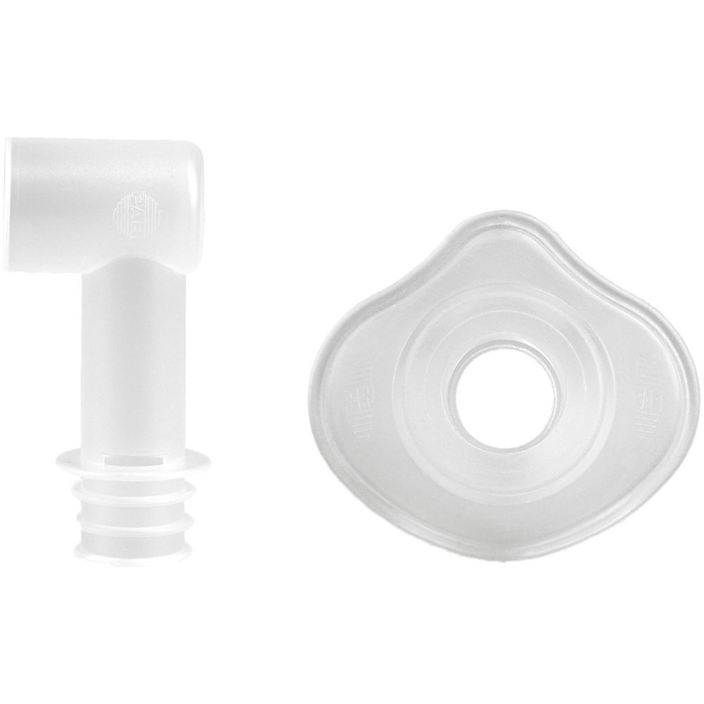 Masque bébé et raccord coudé transparents. Masque rond avec trou, raccord avec connexion.