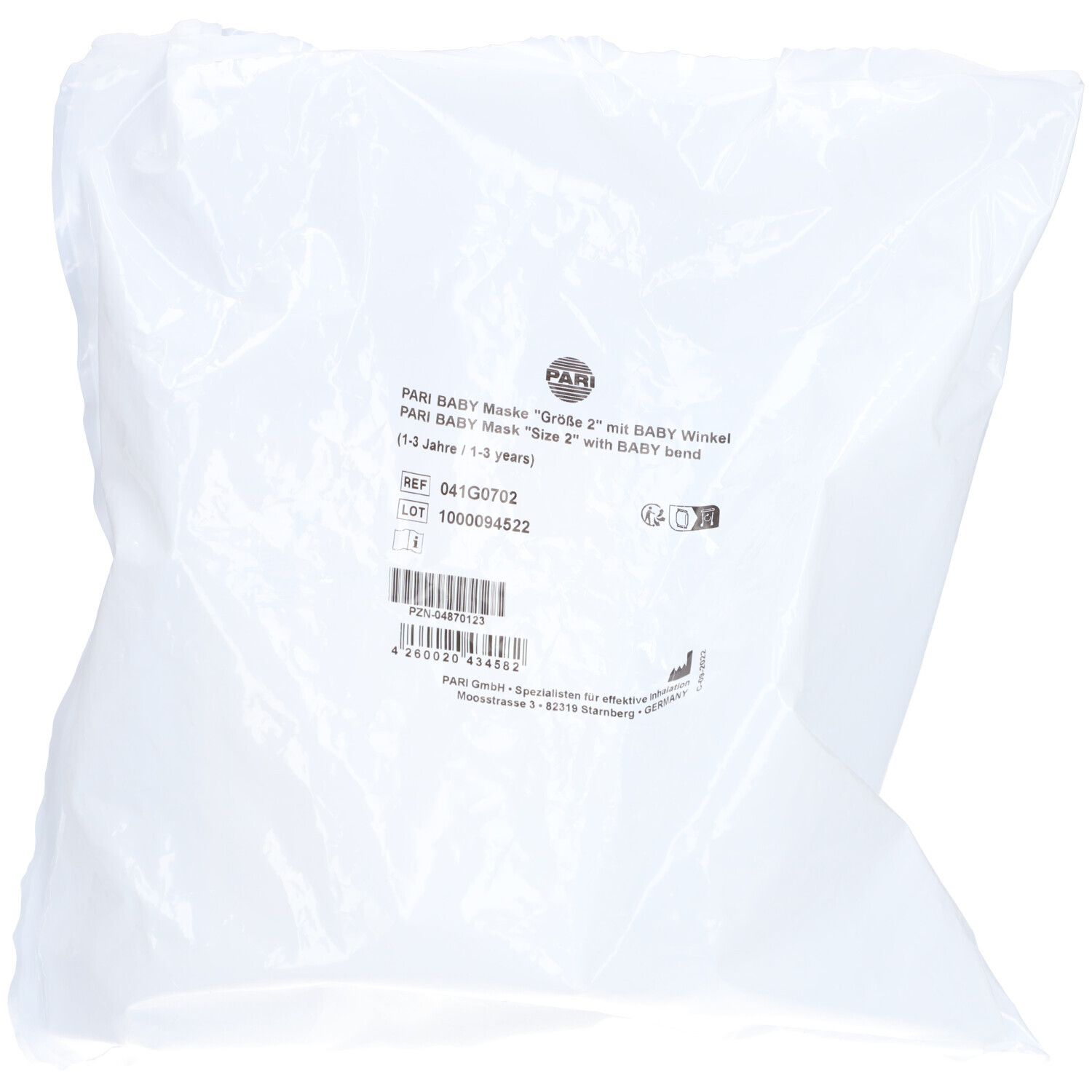 Verpackung mit PARI BABY Maske Größe 2. Aufschrift: BABY Maske, Größe 2 mit BABY Winkel. Für Kinder von 1-3 Jahren.