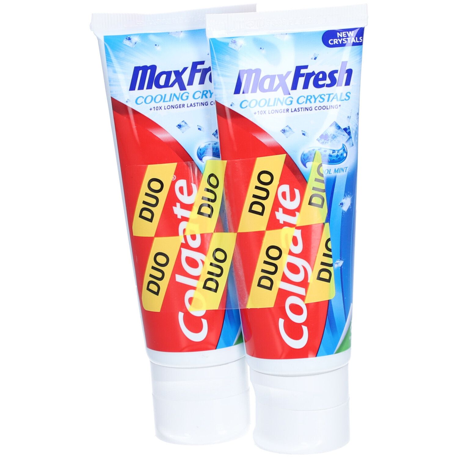 Zwei Tuben Colgate Max Fresh Cool Mint Zahnpasta. Rote und blaue Verpackung mit Produktnamen und Duo-Aufkleber.