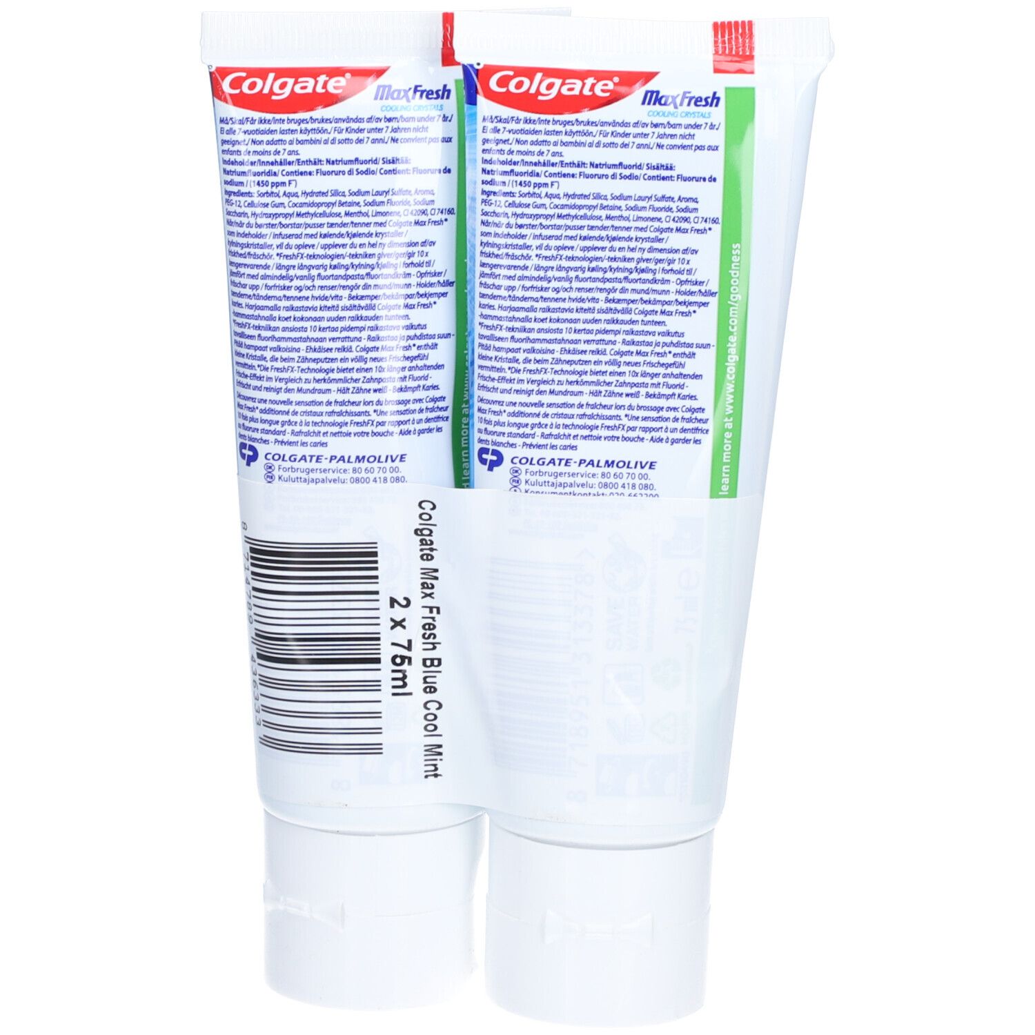 Rückseite von zwei Tuben Colgate Max Fresh Cool Mint Zahnpasta. Weiße Tuben mit Text und Produktinformationen.