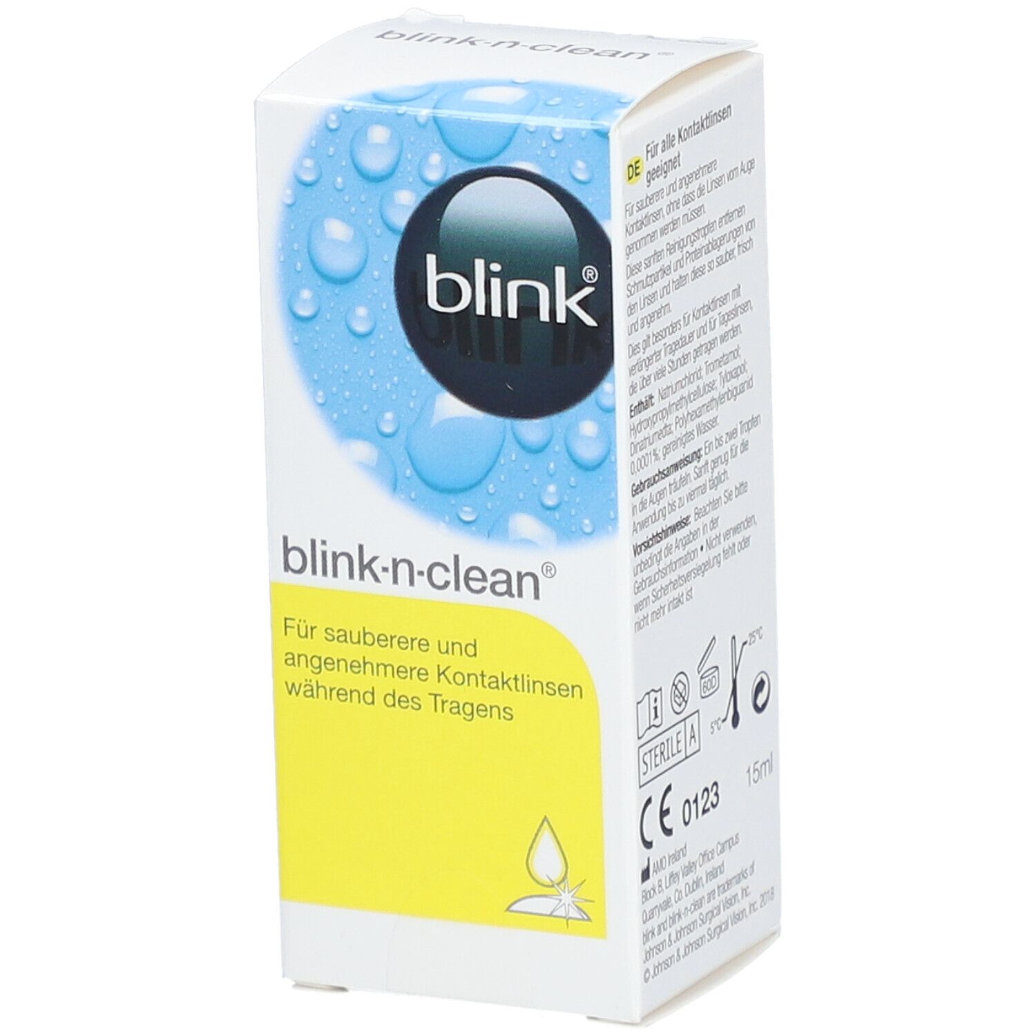 Verpackung von blink®-n-clean. Blaue und gelbe Elemente. Text: blink, blink-n-clean, Für sauberere und angenehmere Kontaktlinsen während des Tragens. 15ml.