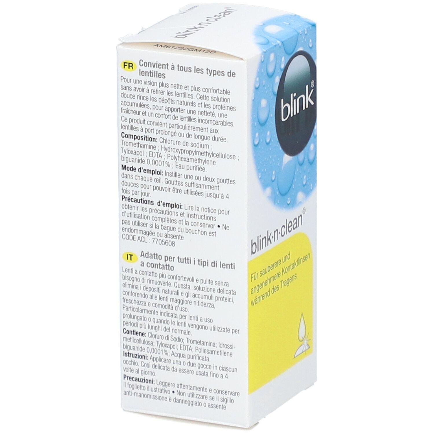 Verpackung von blink®-n-clean. Blaue und gelbe Elemente. Text: blink, blink-n-clean, Für sauberere und angenehmere Kontaktlinsen während des Tragens. 15ml. Detailansicht.