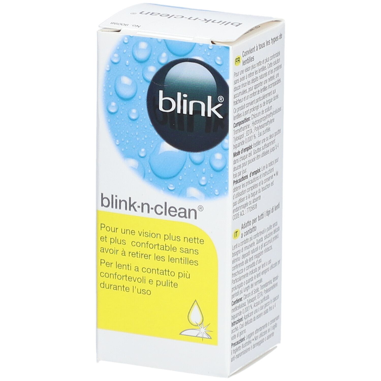 Verpackung von blink®-n-clean. Blaue und gelbe Elemente. Text: blink, blink-n-clean, Für sauberere und angenehmere Kontaktlinsen während des Tragens. 15ml. Detailansicht.