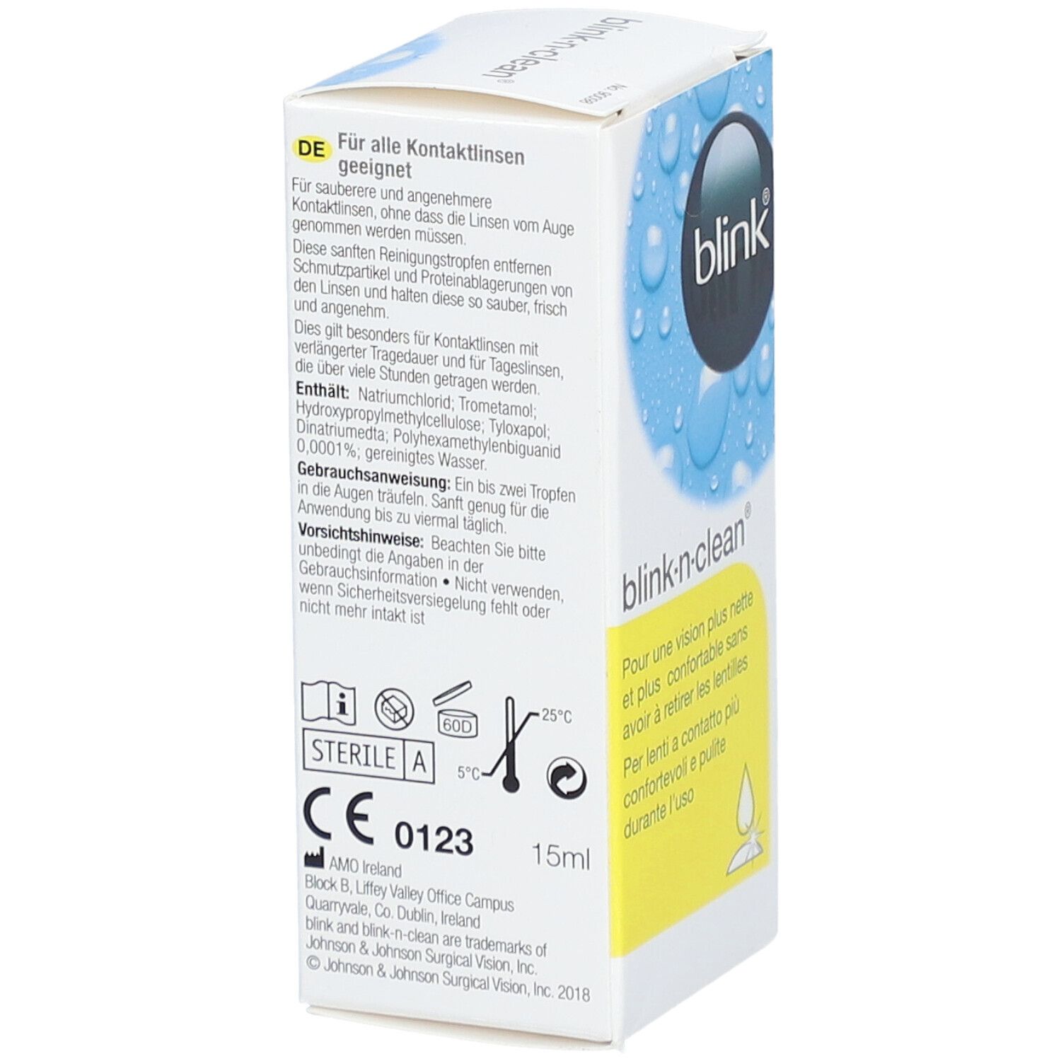 Verpackung von blink®-n-clean. Blaue und gelbe Elemente. Text: blink, blink-n-clean, Für sauberere und angenehmere Kontaktlinsen während des Tragens. 15ml. Detailansicht.