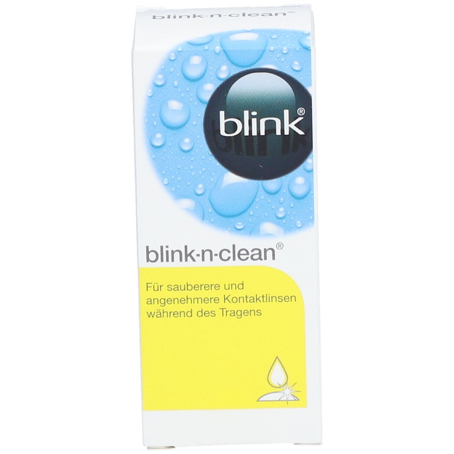 Verpackung von blink®-n-clean. Blaue und gelbe Elemente. Text: blink, blink-n-clean, Für sauberere und angenehmere Kontaktlinsen während des Tragens. 15ml.