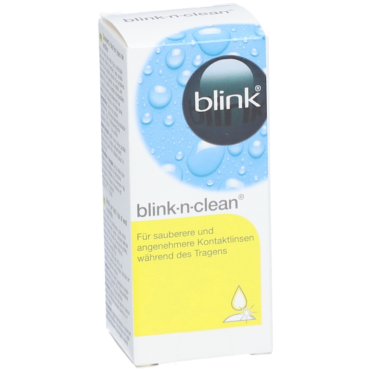 Verpackung von blink®-n-clean. Blaue und gelbe Elemente. Text: blink, blink-n-clean, Für sauberere und angenehmere Kontaktlinsen während des Tragens. 15ml.