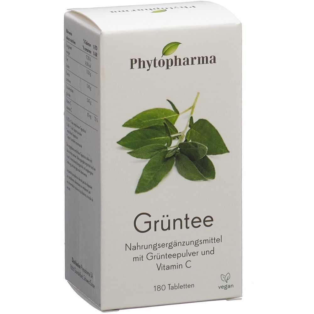 Weiße Schachtel mit "Phytopharma"-Logo und Grüntee-Abbildung. Text: "Grüntee", "180 Tabletten", "vegan".