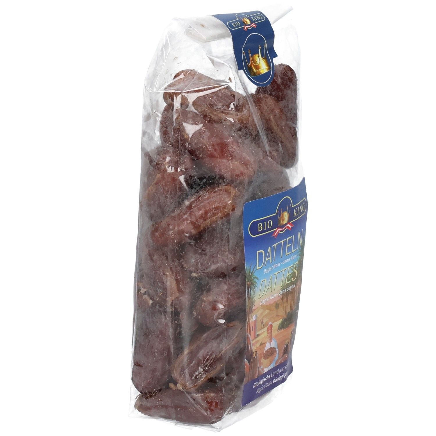 BIO KING Datteln Deglet Nour ohne Kern, 250g Packung, Seitenansicht.