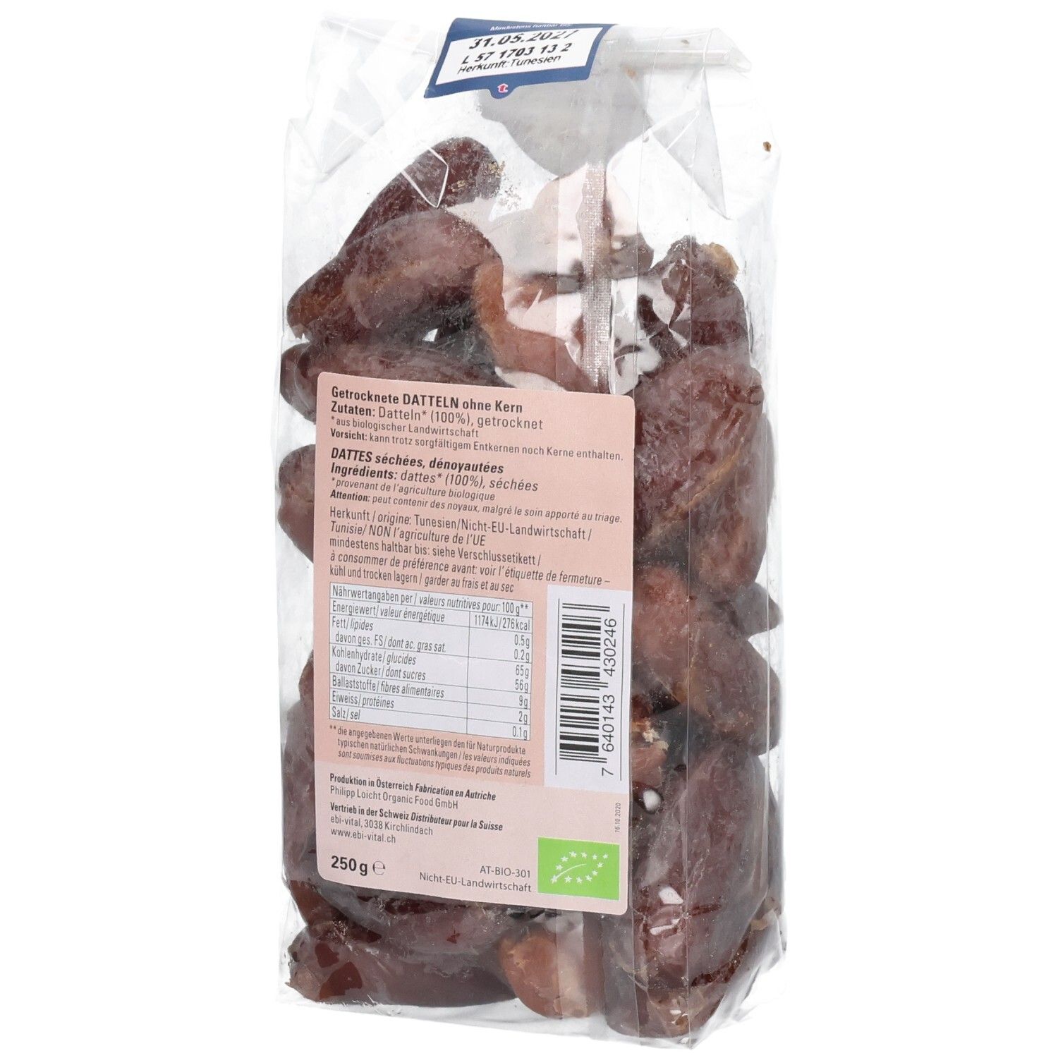 Rückseite der BIO KING Datteln Deglet Nour ohne Kern, 250g Packung mit Nährwertangaben.