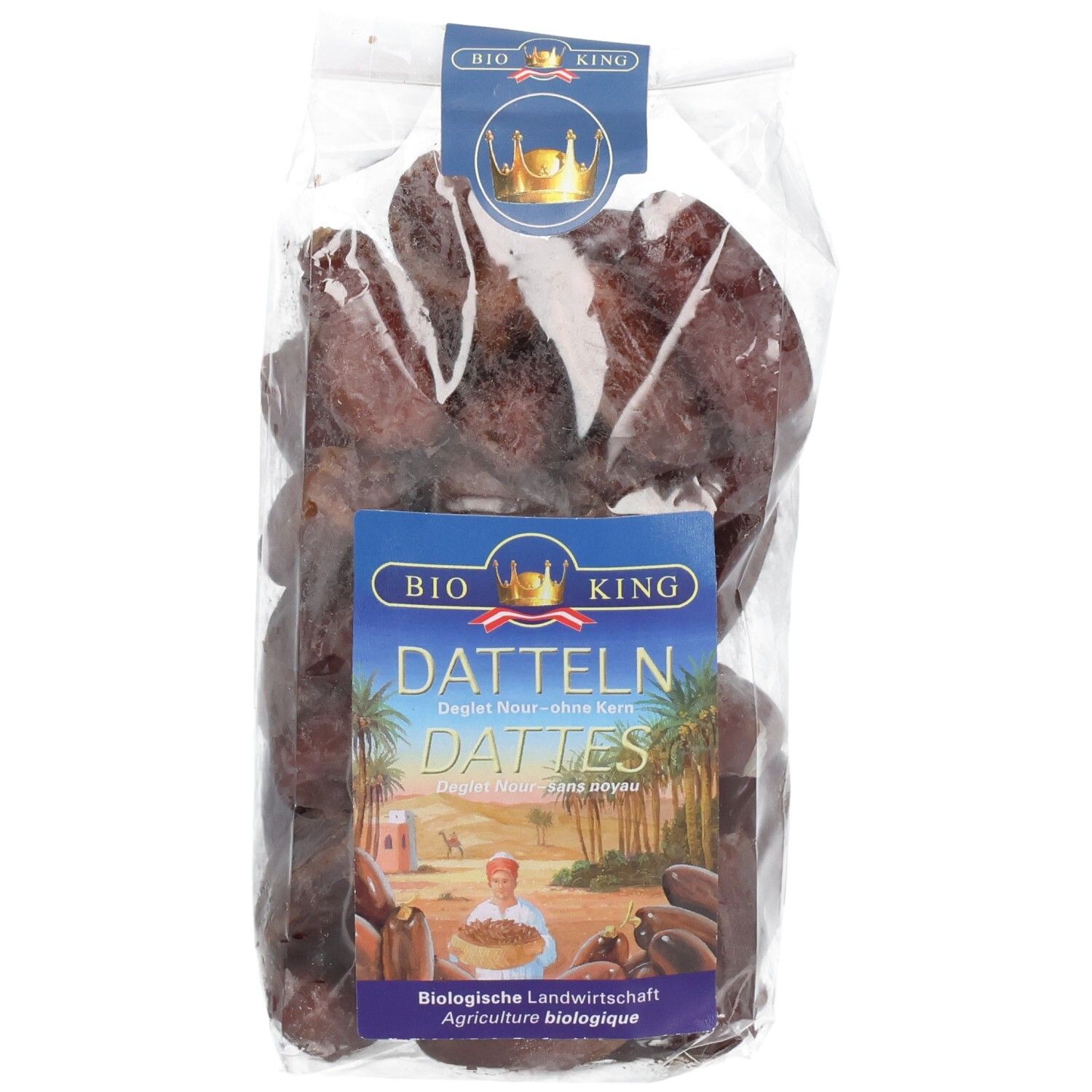 BIO KING Datteln Deglet Nour ohne Kern, 250g Packung mit Vorderseitenetikett.