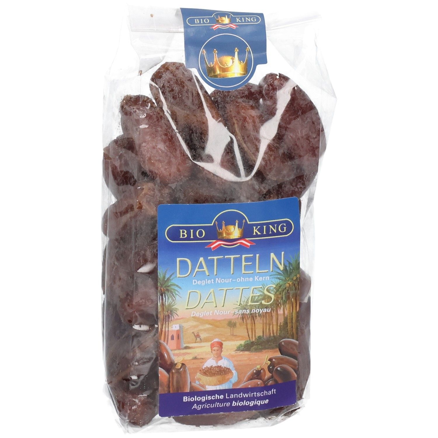 BIO KING Datteln Deglet Nour ohne Kern, 250g Packung, Vorderansicht.