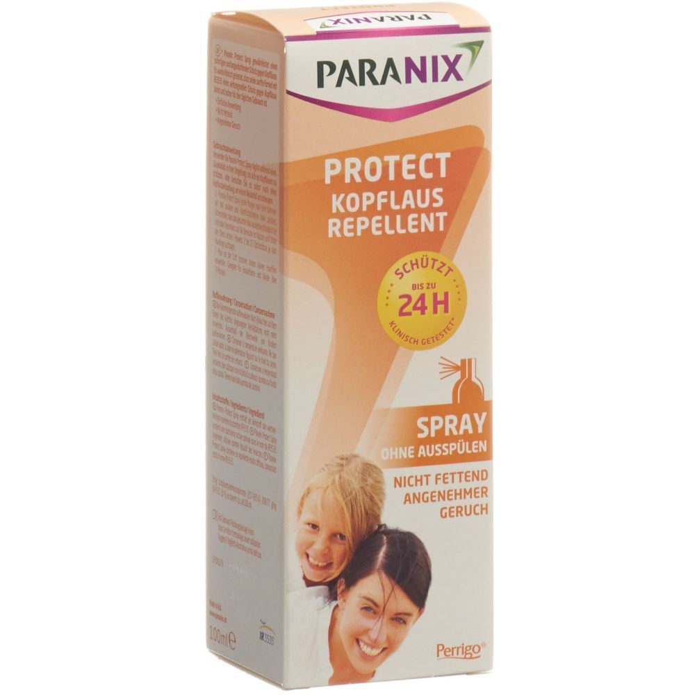 PARANIX-Verpackung. Orange-weiß. Enthält Text: PROTECT, Kopflaus Repellent, Spray. Abbildung von Kindern.