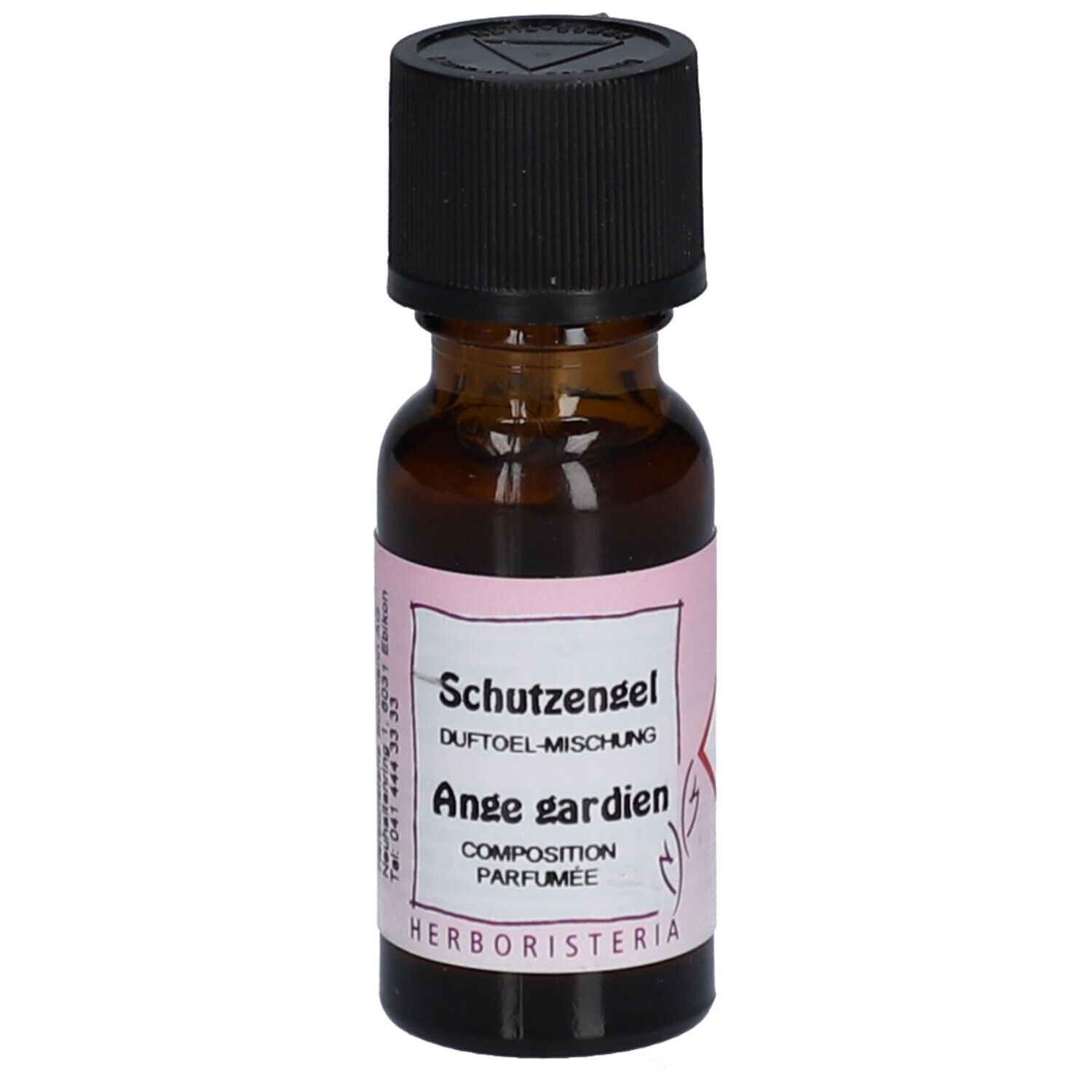 Braune Glasflasche mit schwarzem Deckel. Etikett mit Produktnamen und Herboristeria-Logo. Duftöl-Mischung.