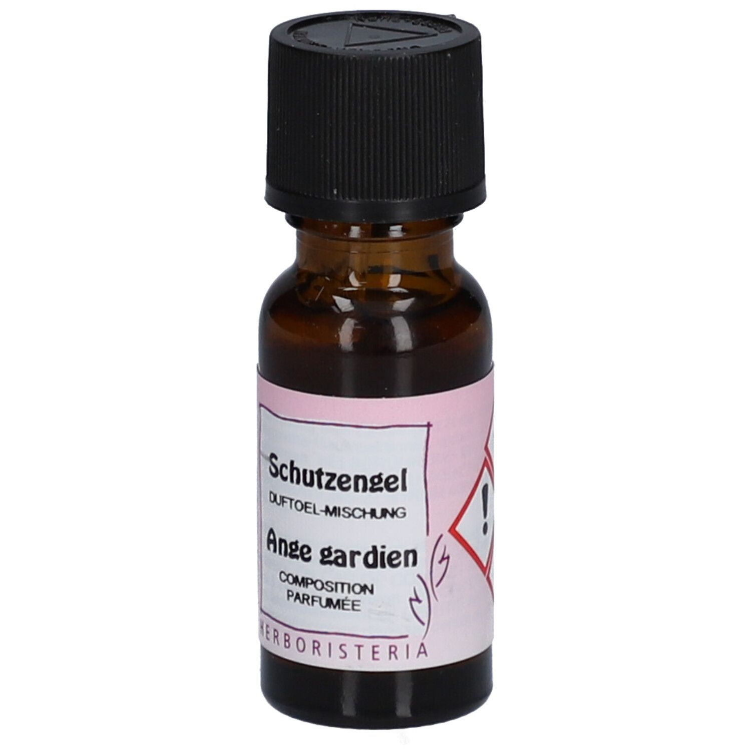 Braune Glasflasche mit schwarzem Deckel. Etikett mit Produktnamen, Gefahrensymbol und Herboristeria-Logo.