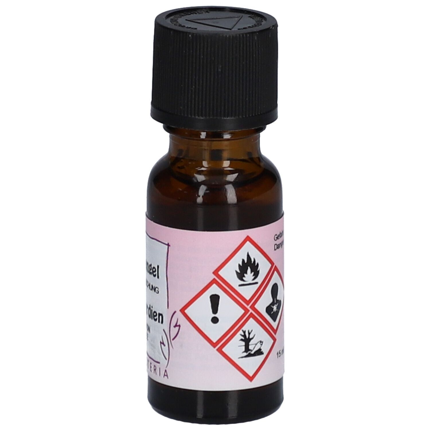 Braune Glasflasche mit schwarzem Deckel. Etikett mit Gefahrensymbolen und 15 ml Angabe. Herboristeria.